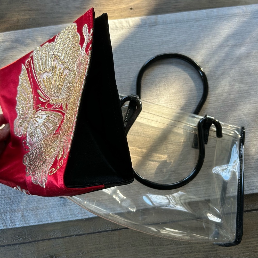 Vintage Clear Vinyl Handbag with Red & Gold Brocade Insert – Y2K / Late 90s - Picture 9 of 15